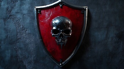 Powerful red shield adorned with skull representing strength, security, and protection picture