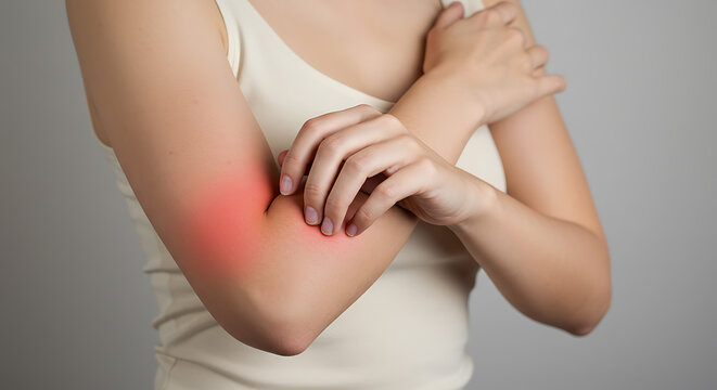 Woman scratching itchy elbow with red inflamed skin perfect for health and medical content