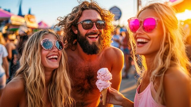 Three happy people enjoying an outdoor event with ice cream - Powered by Adobe