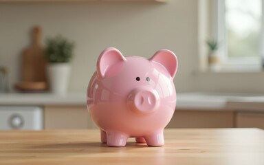 Pink piggy bank standing on the table in the kitchen