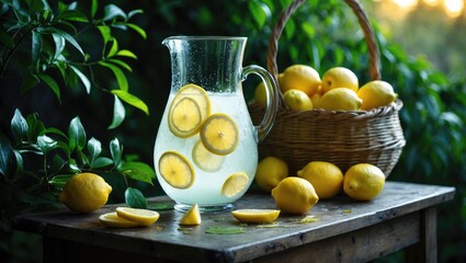 Natural homemade lemonade in a jug displayed on the table