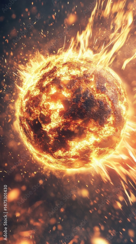 Poster fiery planet surface erupting with flames and sparks from volcanic activity in space abstract view
