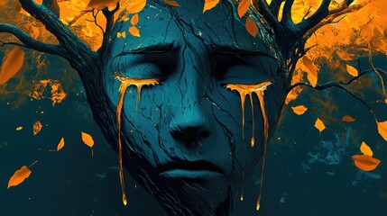 Weeping tree face with orange leaves, dark teal background, digital art.