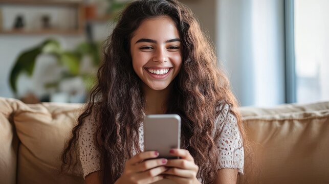 Happy hispanic teen girl holding cell phone using smartphone device at home. Smiling young latin woman blogger subscribing new social media, buying in internet, ordering products online in apps. illu