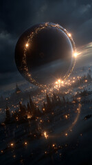 dark glowing energy sphere floating over surreal alien landscape with cosmic mist golden lights and futuristic science fiction atmosphere in deep space
