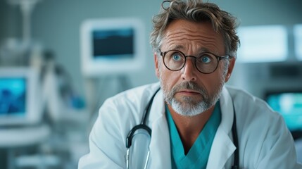 A close-up shot of a concerned doctor with glasses in a modern hospital environment, conveying empathy and professionalism amidst a backdrop of healthcare technology.
