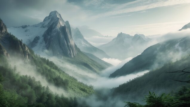 A picturesque winter scene of snow-capped peaks, forested slopes, and a foggy valley in the Himalayas, evoking peacefulness and natural beauty