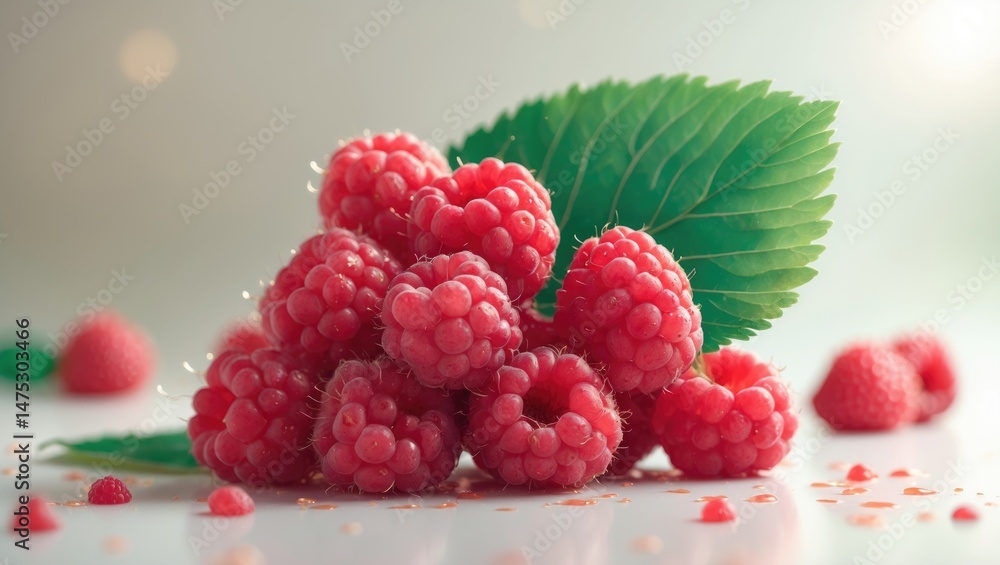 Poster detailed view of raspberry stem and berries. white background isolation.