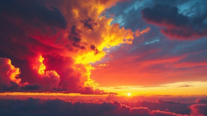 Dramatic sunset with yellow, orange, and red shades, storm clouds, and a lively sky background for creative use. Bright fiery glow, explosion, and radiant light.