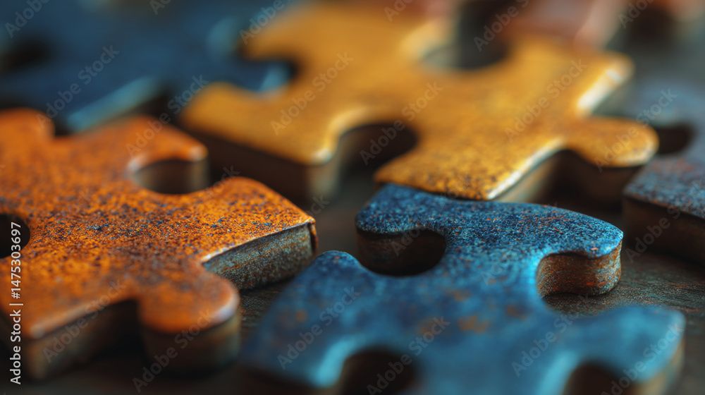 Poster close up of colorful puzzle pieces scattered on a surface with a shallow depth of field image