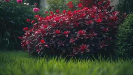 Colorful garden with blossoming bushes and lush greenery
