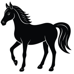 A black vector illustration depicts a running horse silhouette, an equine mammal with a flowing mane and tail