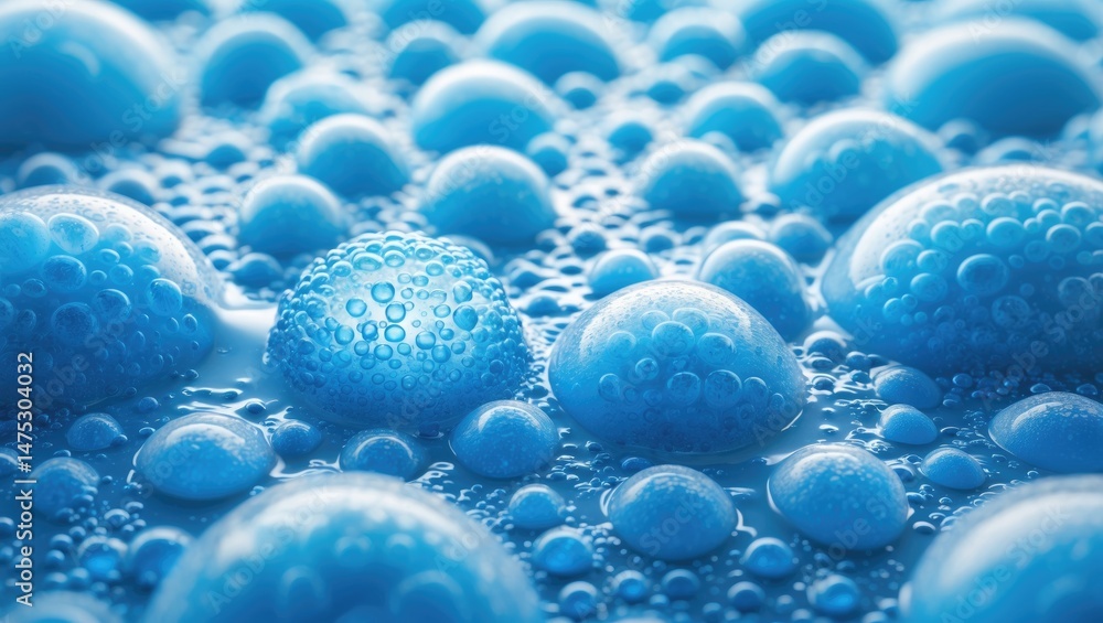 Poster close-up view of blue bubble foam in water with abstract patterns and scientific backdrop