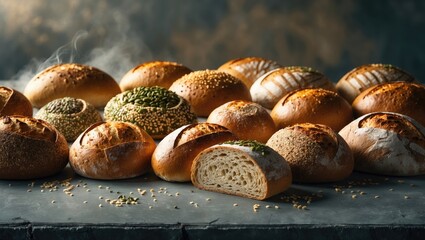 Close-up view of assorted freshly baked bread loaves on a grey table