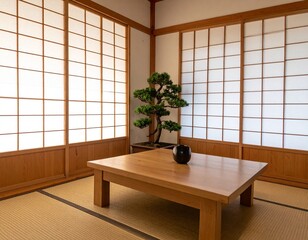 Minimal Japanese Zen living room with tatami mats, low wooden table, bonsai