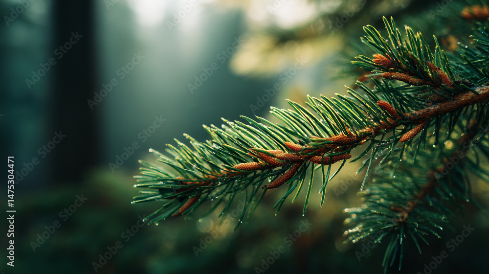 Aufkleber Close up of a pine tree branch with green needles and brown buds in a forest setting with soft light