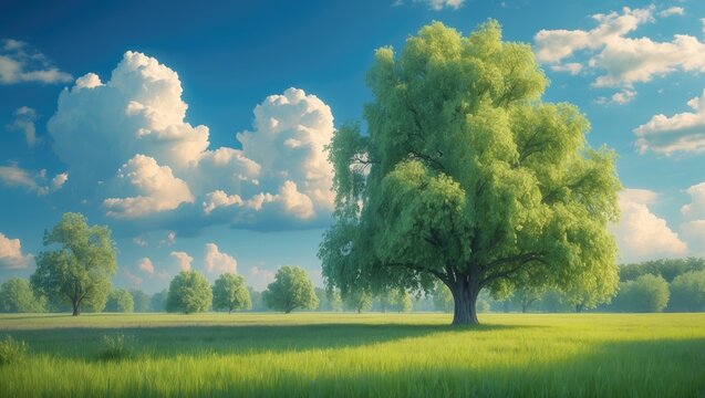 Single cottonwood tree in a green meadow beneath a bright blue sky with clouds