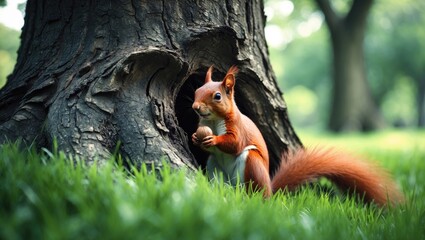 Adorable squirrel in the park, nut in its mouth