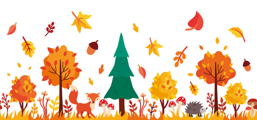 Autumn forest. Set of autumn leaves, trees, mushrooms, berries, animals in flat style. isolated on white background