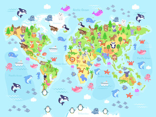 Vector illustration of world map with animals for kids. Flat design