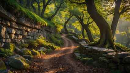 Obraz premium Scenic hiking trail through a tranquil forest with rocks and trees
