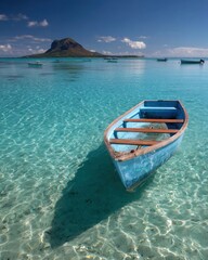 Tranquil turquoise waters with blue rowboat and mountain backdrop in Mauritius island paradise