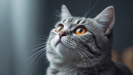 Surprised feline with questioning eyes, adorable tabby cat expressing wonder