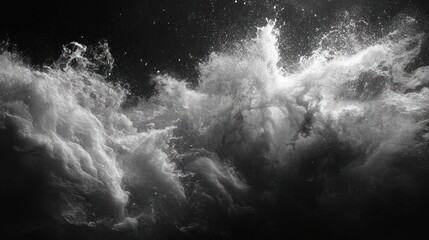 Abstract grayscale image of turbulent, white, splashy, wave-like forms against a black backdrop.  A dynamic, energetic visual