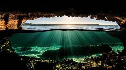 An underwater view of the sun shining through clear ocean water