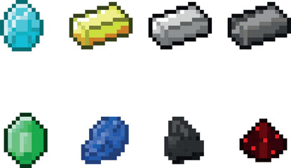 Pixel art game resource icons pack: gems, ores, and bars
