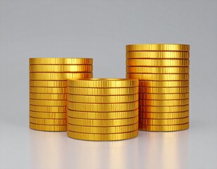 Three Stacks of Shiny Gold Coins, Wealth, Finance, Prosperity