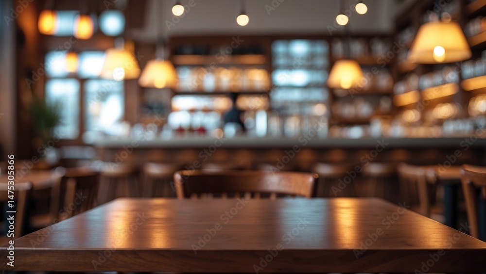Poster defocused image of a cafe counter with seating in the background