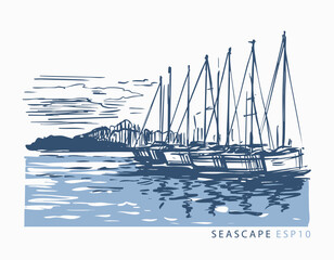 Seascape with yachts, sailing ship, regatta, sketch illustration, drawing, vector, hand drawn, monochrome © aksol
