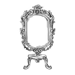 vector drawing sketch of an old mirror on a white background .Generative AI