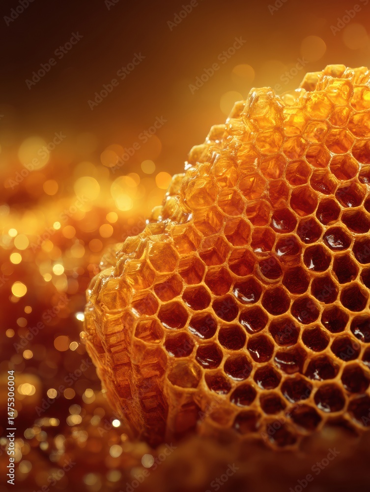 Poster Close-up View of Radiant Honeycomb Displaying Intricate Patterns in Warm Golden Light, Highlighting Its Natural Beauty and Texture