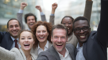 Diverse professionals celebrating a major achievement together, showing unity in success