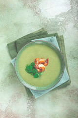 pea cream soup, with shrimp, green soup, homemade, top view, no people,