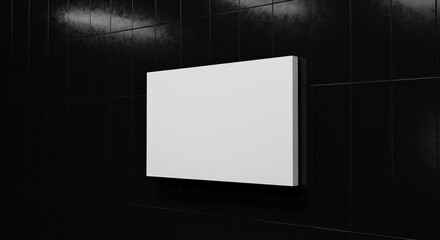Minimalist Design with Rectangular White Panel on Textured Black Wall in a Dark Studio