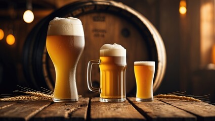 Refreshingly cold beer glasses and a barrel on a rustic wooden table at a pub