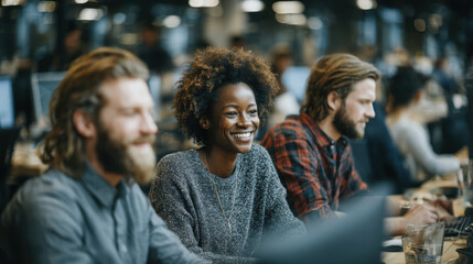 Fototapeta premium Multiracial professionals collaborating on a project in a modern and diverse work environment