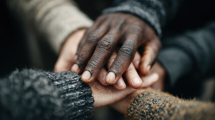 Diverse hands stacked together, emphasizing the power of teamwork in an inclusive work environment