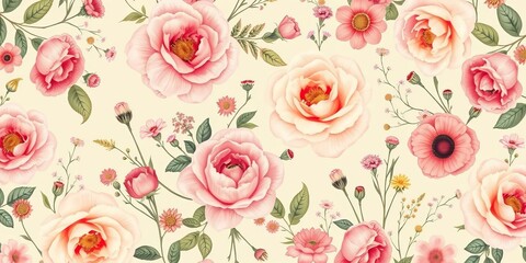 Delicate pastel vintage floral pattern featuring roses and wildflowers, soft, spring