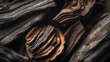 Vintage Design of Agarwood Chips and Incense Sticks with Textured Wooden Surface