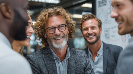 A group of diverse professionals discussing strategy and innovation in a modern corporate setting