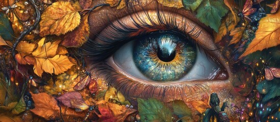 Autumnal eye surrounded by leaves and insects.