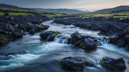 Fototapeta premium Tranquil outdoors showcasing a volcanic ecosystem with flowing water over basalt rocks