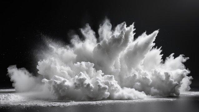 White dust particles dispersing during a white talc powder explosion