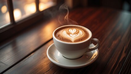 Fototapeta premium Vintage-style close-up of a cappuccino with latte art on a wooden table, emphasizing food and drink presentation.