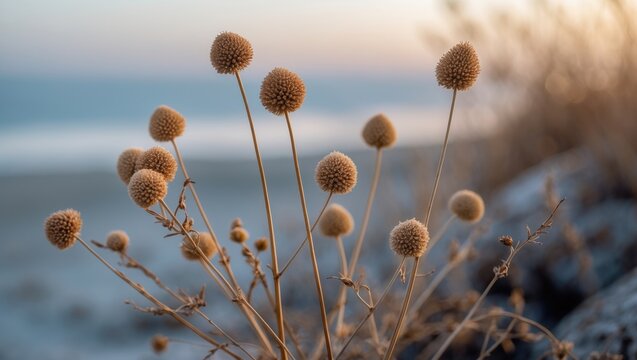 Fototapeta Beachside plant seeds with dried flowers under a bright white sky, blurred blue-grey and beige background, capturing the organic textures and the theme of survival and resilience.