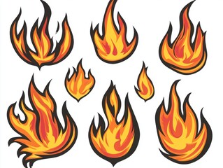 Cartoon Flames Set Illustration on White Background; Various Shapes and Sizes of Fire; Graphic Style Icons of Burning Blaze